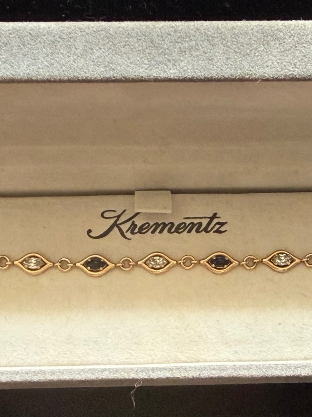 RETRO-70'S-80' KREMENTZ 7" BRACELET W/CRYSTAL BLUE AND CLEAR STONES -GOLD TONE